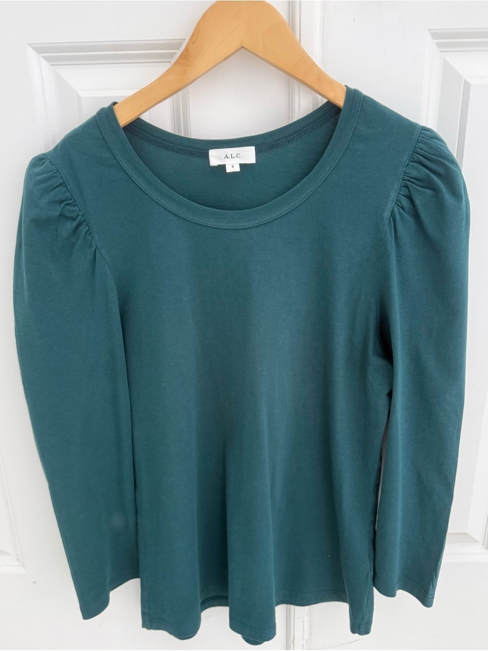 A.L.C. Women's Teal Green Long Sleeve Puff-Sleeve Tee